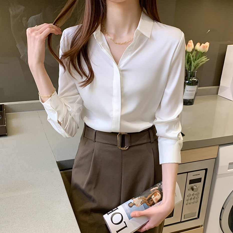 QOERLIN 8 Colors Women Satin Blouse Long Sleeve Single-Breasted Turn-Down Collar Solid Work Wear White Champagne White S-2XL Top - Parkwood Global