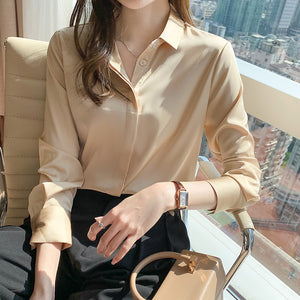 QOERLIN 8 Colors Women Satin Blouse Long Sleeve Single-Breasted Turn-Down Collar Solid Work Wear White Champagne White S-2XL Top - Parkwood Global