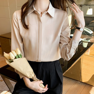 QOERLIN 8 Colors Women Satin Blouse Long Sleeve Single-Breasted Turn-Down Collar Solid Work Wear White Champagne White S-2XL Top - Parkwood Global