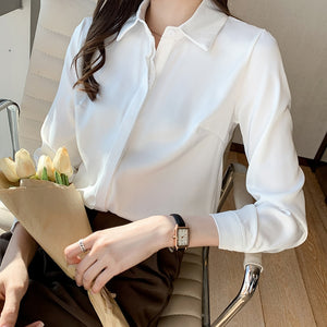 QOERLIN 8 Colors Women Satin Blouse Long Sleeve Single-Breasted Turn-Down Collar Solid Work Wear White Champagne White S-2XL Top - Parkwood Global